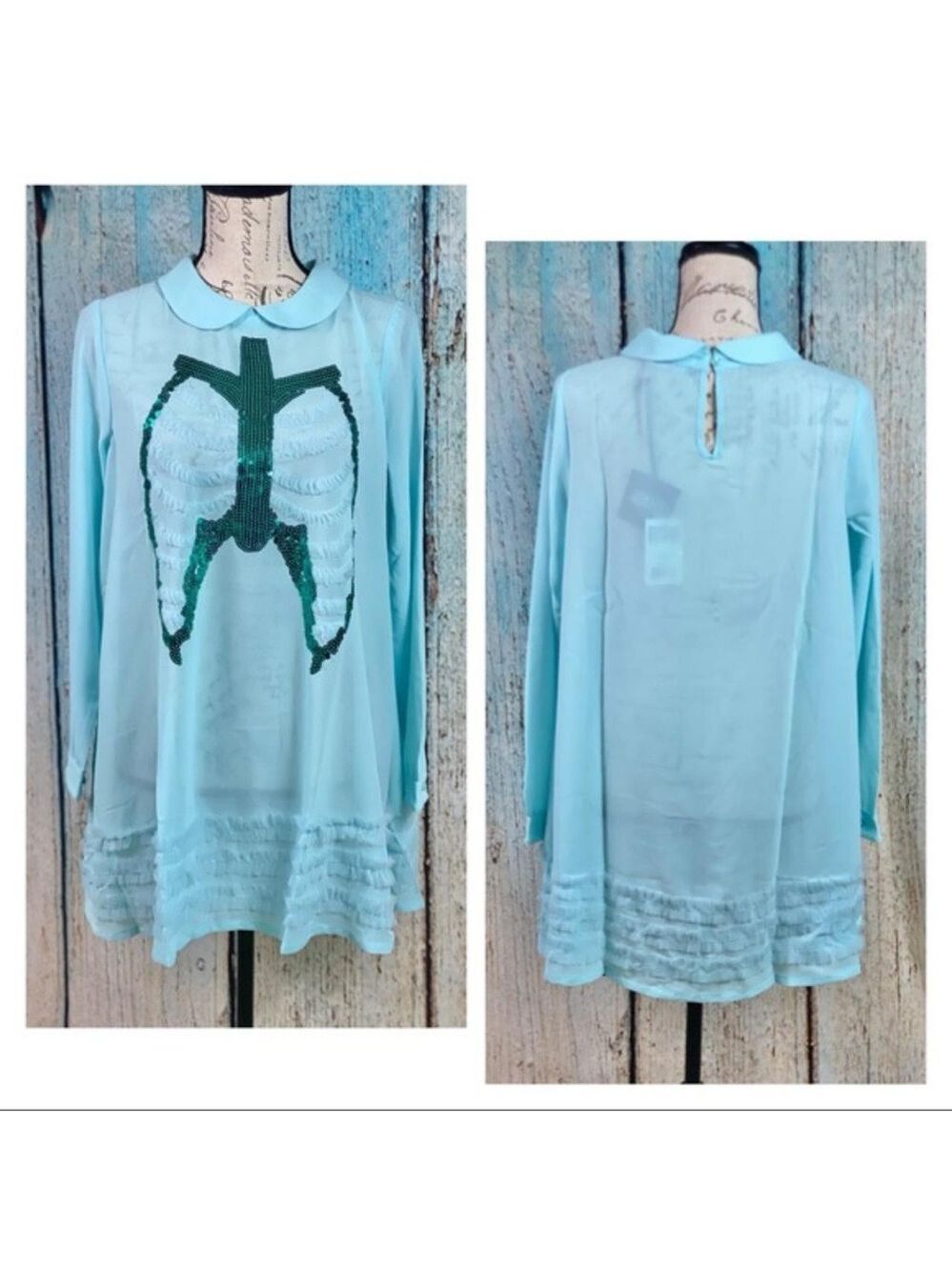 Iron Fist Dead Mermaid Walking Dress Pastel Goth Blue Sequin Rib Cage Pan Collar - Picture 2 of 14